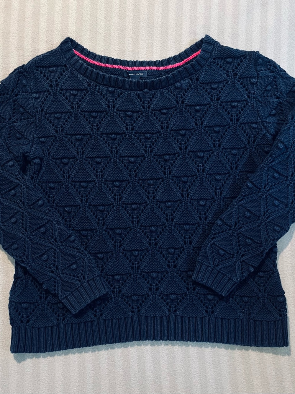 Tommy Hilfiger Navy knitted Crew Sweater with Pink Trim
